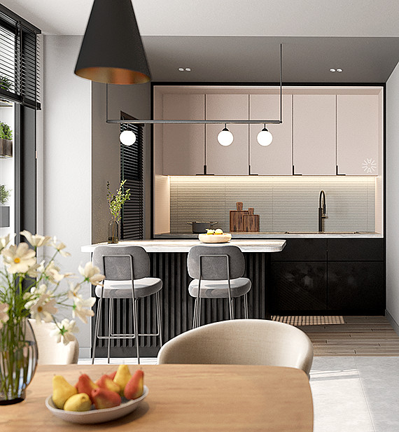 Duplex apartment kitchen and dining area
